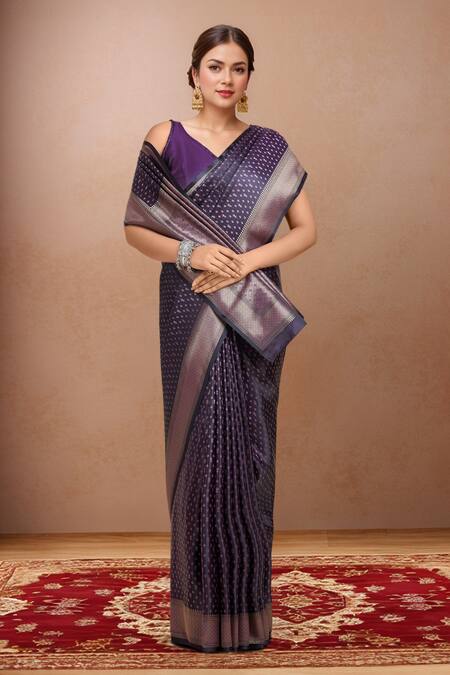 Buy_Naintara Bajaj_Purple Brocade, Silk Zari V-neck Woven Banarasi Saree And Blouse 