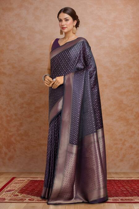 Shop_Naintara Bajaj_Purple Brocade, Silk Zari V-neck Woven Banarasi Saree And Blouse 