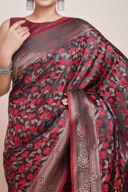 Naintara Bajaj Maroon Brocade, Silk Round Neck Woven Zari Banarasi Saree Set Online at Aza Fashions Naintara Bajaj_Maroon Brocade, Silk Round Neck Woven Zari Banarasi Saree Set_Online_at_Aza_Fashions