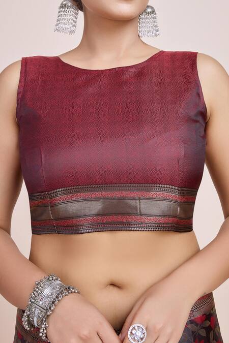 Buy Naintara Bajaj Maroon Brocade, Silk Round Neck Woven Zari Banarasi Saree Set Online at Aza Fashions Buy_Naintara Bajaj_Maroon Brocade, Silk Round Neck Woven Zari Banarasi Saree Set_Online_at_Aza_Fashions