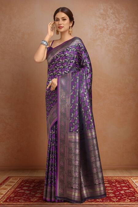 Naintara Bajaj_Purple Brocade, Silk Zari Sweetheart Neck Woven Banarasi Saree _Online_at_Aza_Fashions