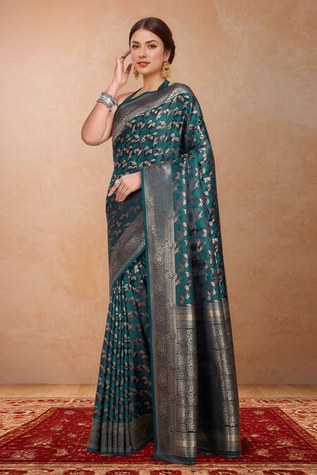 Naintara Bajaj Blue Brocade, Silk Zari Halter Neck Woven Banarasi Saree And Blouse Set Online at Aza Fashions Naintara Bajaj_Blue Brocade, Silk Zari Halter Neck Woven Banarasi Saree And Blouse Set_Online_at_Aza_Fashions