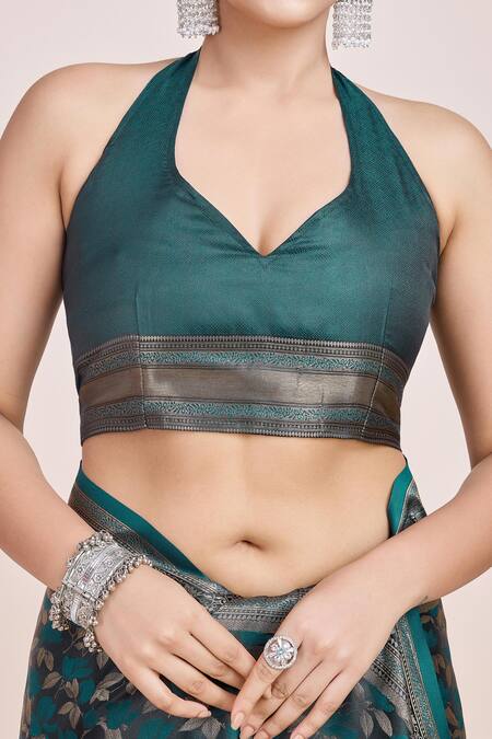 Buy Naintara Bajaj Blue Brocade, Silk Zari Halter Neck Woven Banarasi Saree And Blouse Set Buy_Naintara Bajaj_Blue Brocade, Silk Zari Halter Neck Woven Banarasi Saree And Blouse Set