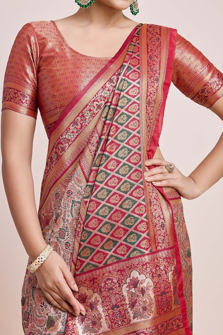 Shop_Samyukta Singhania_Maroon Silk Zari Round Neck Woven Saree Set _Online_at_Aza_Fashions