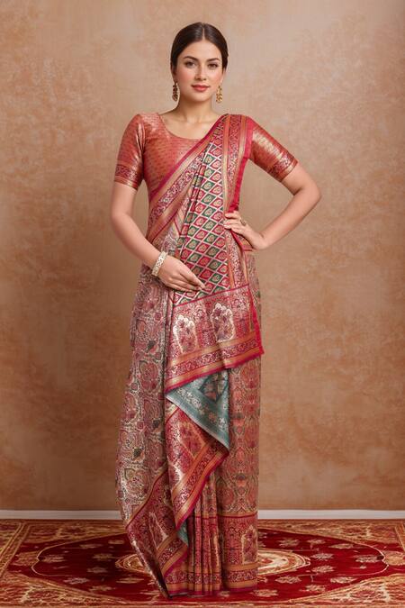 Buy_Samyukta Singhania_Maroon Silk Zari Round Neck Woven Saree Set 