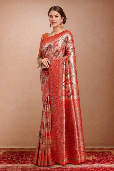 Buy Samyukta Singhania Red Silk Round Neck Woven Zari Saree Set Online at Aza Fashions Buy_Samyukta Singhania_Red Silk Round Neck Woven Zari Saree Set_Online_at_Aza_Fashions