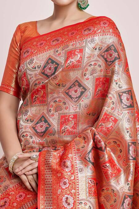 Shop Samyukta Singhania Red Silk Round Neck Woven Zari Saree Set Online at Aza Fashions Shop_Samyukta Singhania_Red Silk Round Neck Woven Zari Saree Set_Online_at_Aza_Fashions