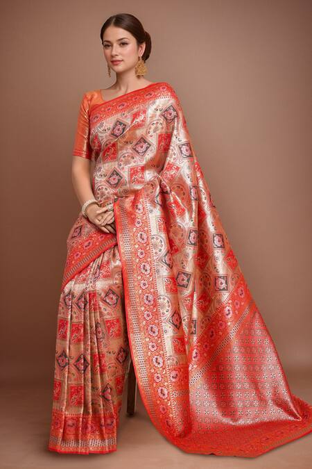 Buy Samyukta Singhania Red Silk Round Neck Woven Zari Saree Set Buy_Samyukta Singhania_Red Silk Round Neck Woven Zari Saree Set