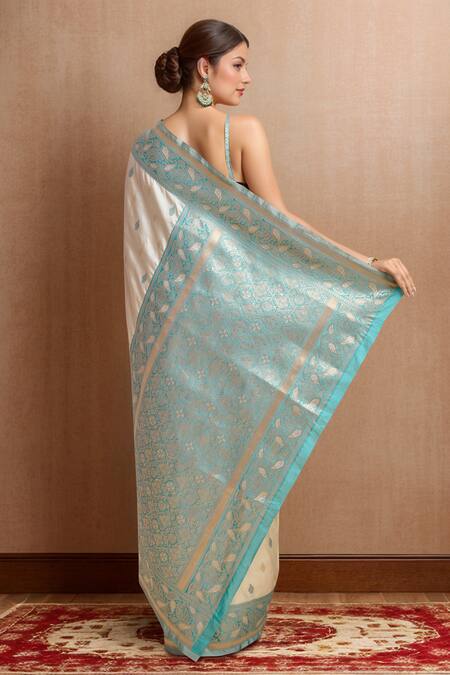 Shop_Samyukta Singhania_Cream Brocade, Silk Zari V-neck Banarasi Saree Set _at_Aza_Fashions