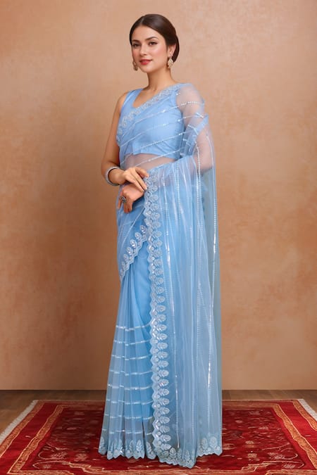 Buy_Samyukta Singhania_Blue Net Sequins Round Neck Work Saree Set