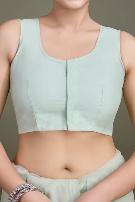 Samyukta Singhania_Green Net Sequins Round Neck Work Saree Set _Online_at_Aza_Fashions