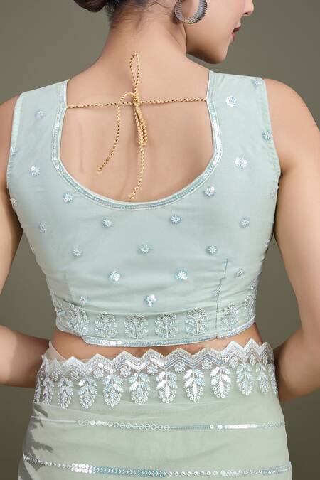 Samyukta Singhania_Green Net Sequins Round Neck Work Saree Set _at_Aza_Fashions