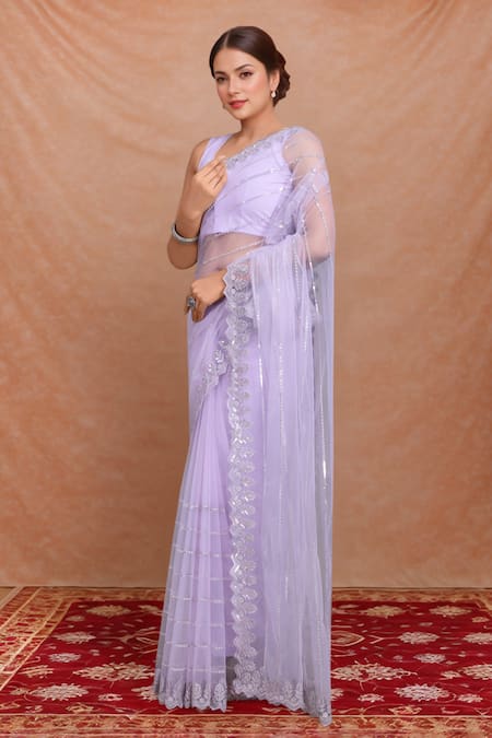 Shop_Samyukta Singhania_Lavender Net Sequins Round Neck Work Saree Set _Online_at_Aza_Fashions
