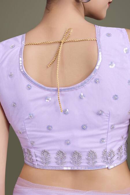 Shop_Samyukta Singhania_Lavender Net Sequins Round Neck Work Saree Set 