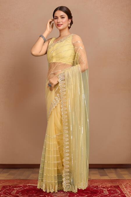 Buy Samyukta Singhania Yellow Net Sequins Round Neck Work Saree Set Buy_Samyukta Singhania_Yellow Net Sequins Round Neck Work Saree Set