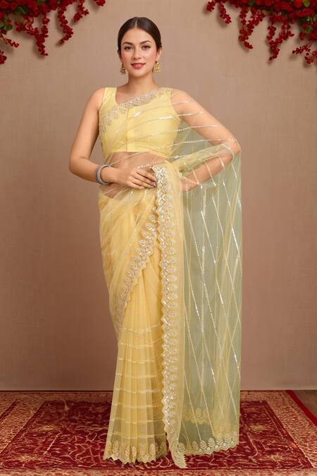 Shop Samyukta Singhania Yellow Net Sequins Round Neck Work Saree Set Shop_Samyukta Singhania_Yellow Net Sequins Round Neck Work Saree Set