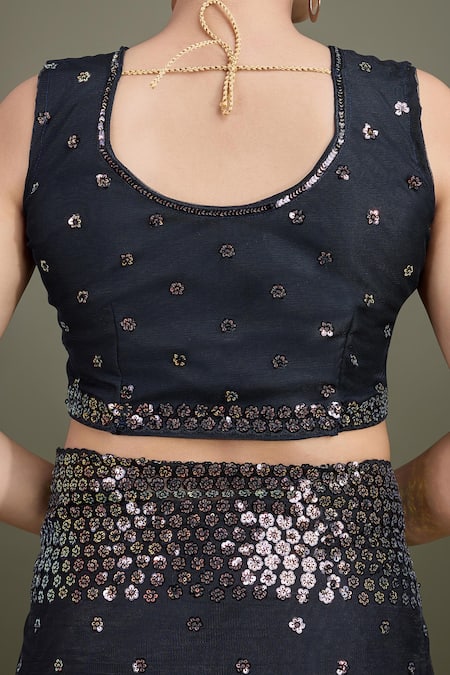 Shop_Samyukta Singhania_Black Net Sequins Round Neck Work Saree Set _Online_at_Aza_Fashions