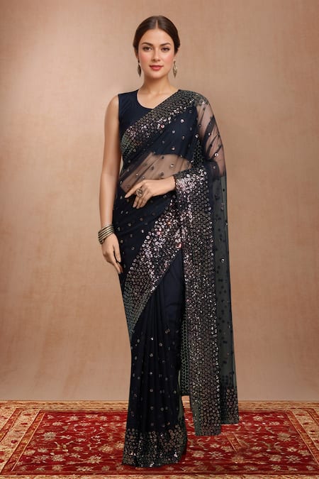 Samyukta Singhania_Black Net Sequins Round Neck Work Saree Set _at_Aza_Fashions