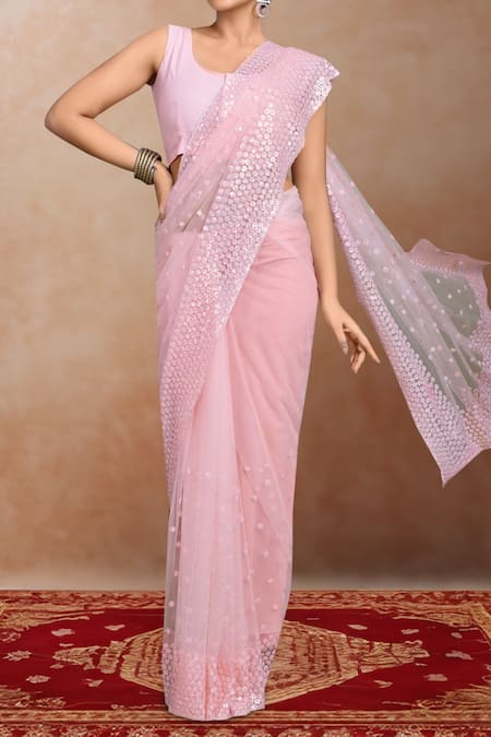 Samyukta Singhania Pink Net Sequins Round Neck Work Saree Set at Aza Fashions Samyukta Singhania_Pink Net Sequins Round Neck Work Saree Set _at_Aza_Fashions