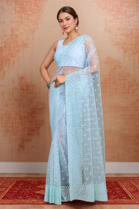 Samyukta Singhania_Blue Net Sequins Round Neck Work Saree Set _Online_at_Aza_Fashions