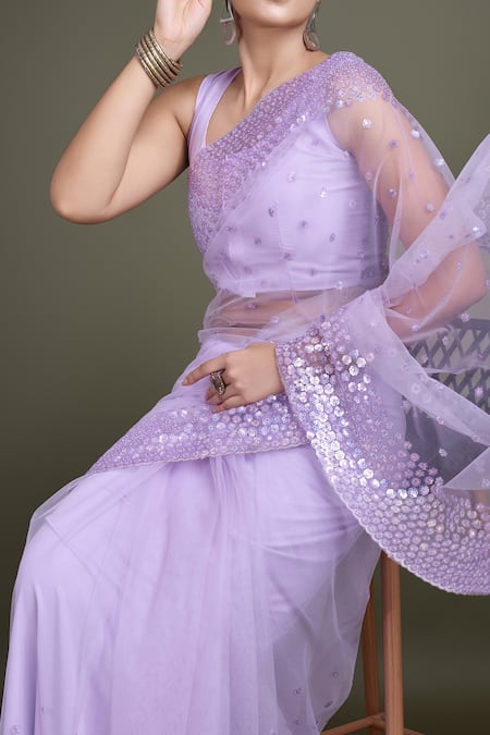 Shop_Samyukta Singhania_Lavender Net Sequins Round Neck Work Saree Set _Online_at_Aza_Fashions