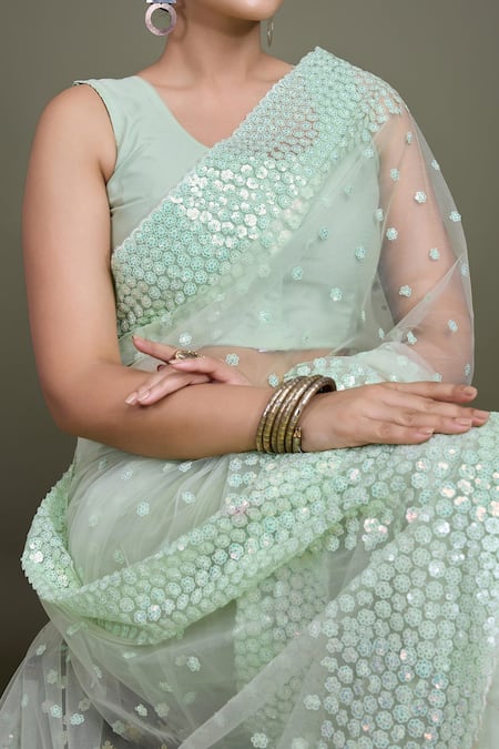 Samyukta Singhania_Green Net Sequins Round Neck Work Saree Set _at_Aza_Fashions