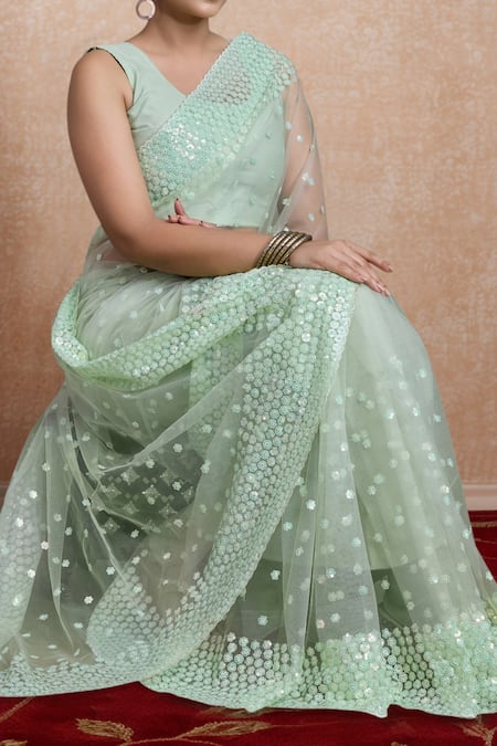 Buy_Samyukta Singhania_Green Net Sequins Round Neck Work Saree Set 