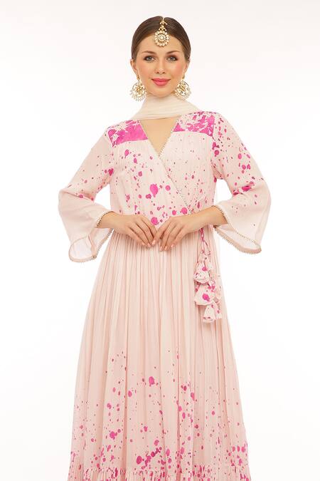 Preevin Pink Cotton, Silk, Net V-neck Splatter Print Anarkali Set Online at Aza Fashions Preevin_Pink Cotton, Silk, Net V-neck Splatter Print Anarkali Set _Online_at_Aza_Fashions