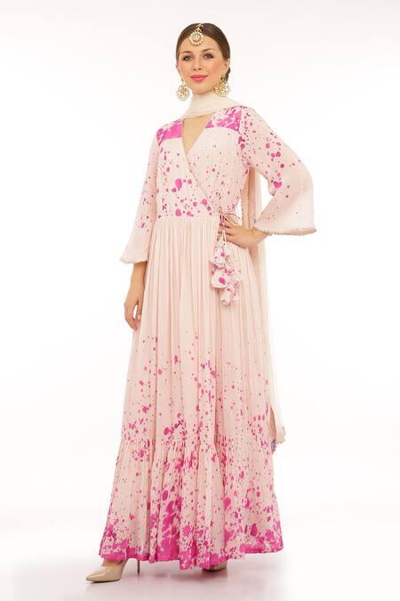 Buy_Preevin_Pink Cotton, Silk, Net V-neck Splatter Print Anarkali Set _Online_at_Aza_Fashions