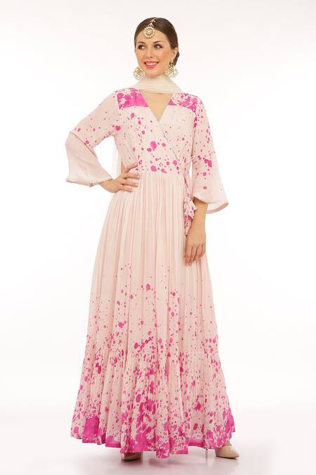 Shop_Preevin_Pink Cotton, Silk, Net V-neck Splatter Print Anarkali Set _Online_at_Aza_Fashions