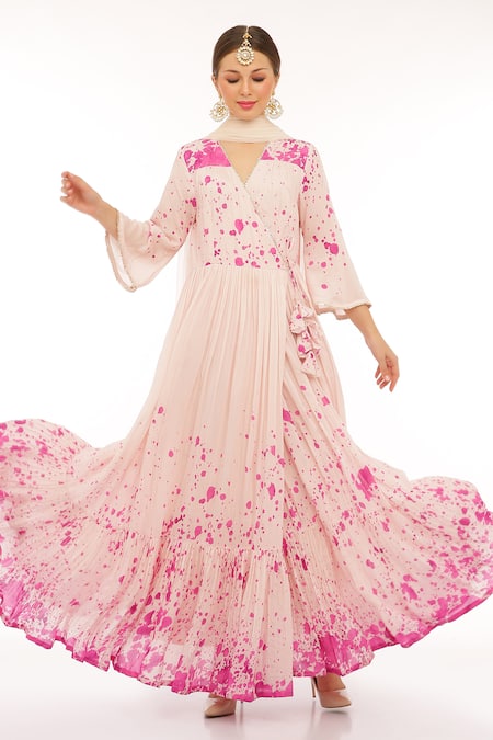 Shop Preevin Pink Cotton, Silk, Net V-neck Splatter Print Anarkali Set at Aza Fashions Shop_Preevin_Pink Cotton, Silk, Net V-neck Splatter Print Anarkali Set _at_Aza_Fashions