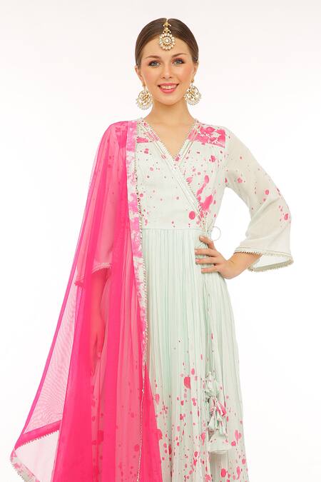 Preevin_Teal Cotton, Silk, Net, Tulle V-neck Anarkali Set With Dupatta_Online_at_Aza_Fashions
