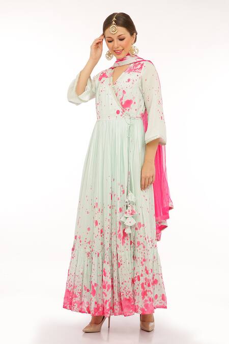 Buy_Preevin_Teal Cotton, Silk, Net, Tulle V-neck Anarkali Set With Dupatta_Online_at_Aza_Fashions