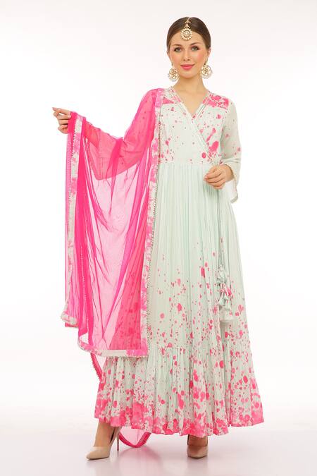 Shop_Preevin_Teal Cotton, Silk, Net, Tulle V-neck Anarkali Set With Dupatta_Online_at_Aza_Fashions