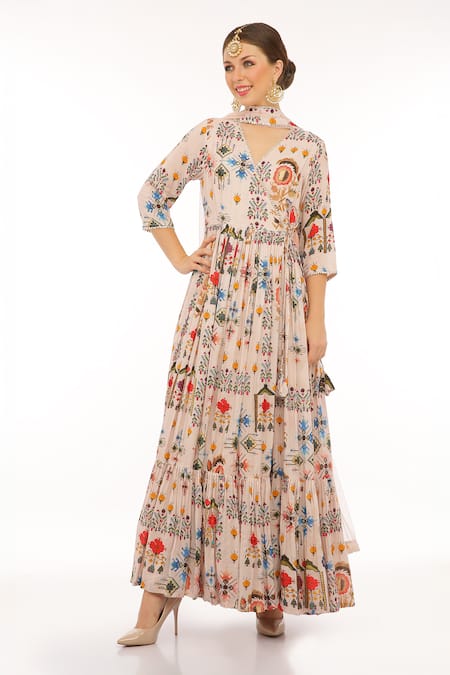 Shop_Preevin_Pink Cotton, Silk, Net Embroidery V-neck Floral Print Anarkali Set _at_Aza_Fashions