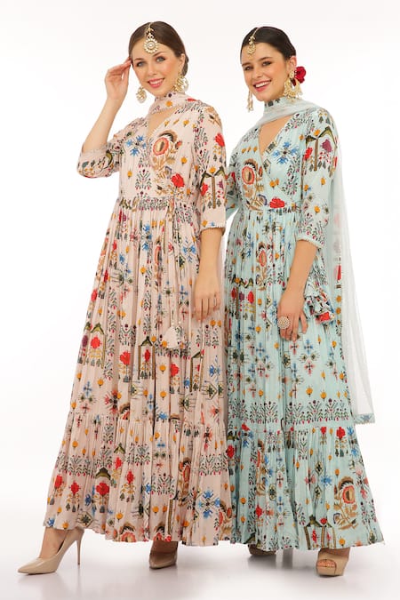 Preevin_Pink Cotton, Silk, Net Embroidery V-neck Floral Print Anarkali Set _Online_at_Aza_Fashions