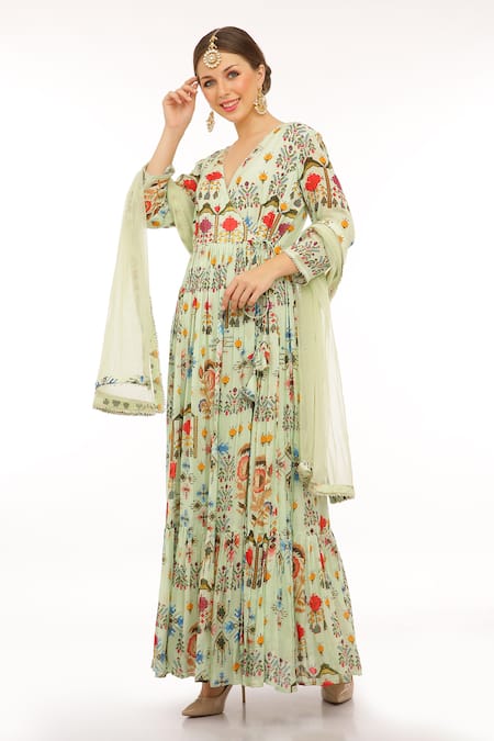 Shop_Preevin_Mint Cotton, Silk, Net Embroidery V-neck Floral Printed Green Anarkali Set _at_Aza_Fashions
