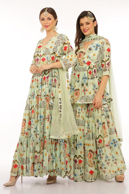 Preevin_Mint Cotton, Silk, Net Embroidery V-neck Floral Printed Green Anarkali Set _Online_at_Aza_Fashions