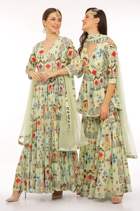 Buy_Preevin_Mint Cotton, Silk, Net Embroidery V-neck Floral Printed Green Anarkali Set _Online_at_Aza_Fashions