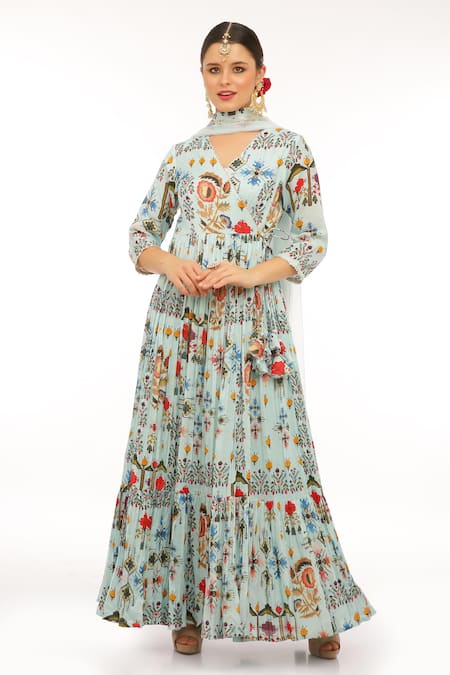 Shop_Preevin_Blue Cotton, Silk, Net Embroidery Split V-neck Floral Print Ice Anarkali Set _at_Aza_Fashions