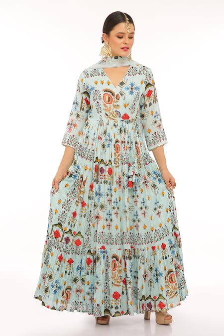 Preevin_Blue Cotton, Silk, Net Embroidery Split V-neck Floral Print Ice Anarkali Set _Online_at_Aza_Fashions