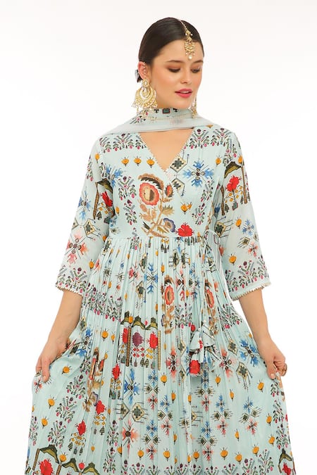 Buy Preevin Blue Cotton, Silk, Net Embroidery Split V-neck Floral Print Ice Anarkali Set Online at Aza Fashions Buy_Preevin_Blue Cotton, Silk, Net Embroidery Split V-neck Floral Print Ice Anarkali Set _Online_at_Aza_Fashions