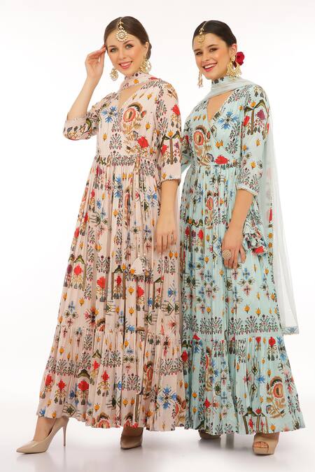 Shop_Preevin_Blue Cotton, Silk, Net Embroidery Split V-neck Floral Print Ice Anarkali Set _Online_at_Aza_Fashions