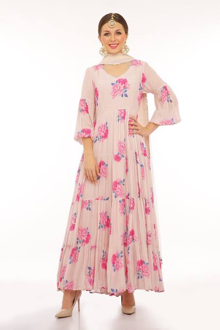 Shop_Preevin_Pink Cotton, Silk, Net Round Neck Floral Print Anarkali Set _at_Aza_Fashions