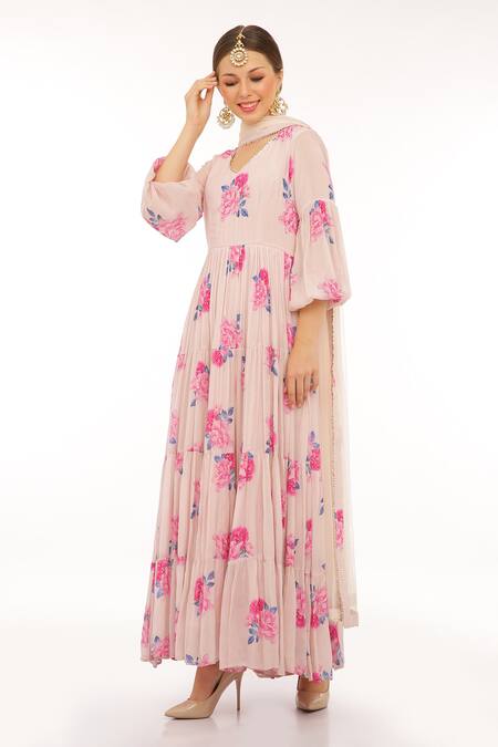 Preevin_Pink Cotton, Silk, Net Round Neck Floral Print Anarkali Set _Online_at_Aza_Fashions