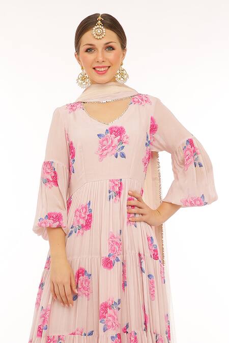 Buy Preevin Pink Cotton, Silk, Net Round Neck Floral Print Anarkali Set Online at Aza Fashions Buy_Preevin_Pink Cotton, Silk, Net Round Neck Floral Print Anarkali Set _Online_at_Aza_Fashions
