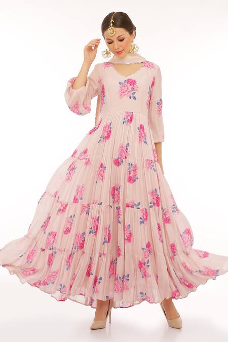 Shop_Preevin_Pink Cotton, Silk, Net Round Neck Floral Print Anarkali Set _Online_at_Aza_Fashions