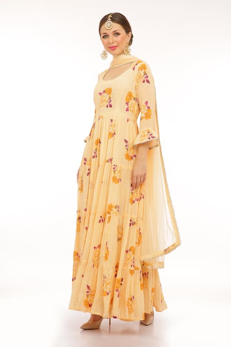 Shop_Preevin_Yellow Cotton, Silk, Net Embroidery Square Neck Mango Floral Anarkali Set _at_Aza_Fashions