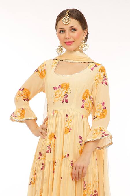 Preevin Yellow Cotton, Silk, Net Embroidery Square Neck Mango Floral Anarkali Set Online at Aza Fashions Preevin_Yellow Cotton, Silk, Net Embroidery Square Neck Mango Floral Anarkali Set _Online_at_Aza_Fashions