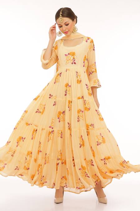 Buy_Preevin_Yellow Cotton, Silk, Net Embroidery Square Neck Mango Floral Anarkali Set _Online_at_Aza_Fashions
